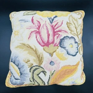 Wool Needlepoint Accent Toss Pillow Pink Green Floral Beige Velvet Back 17” Vtg - Picture 1 of 9