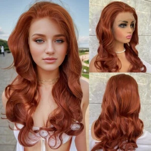 Long Wavy Auburn Copper Red Lace Front Human Hair Blend Heat Ok Wig Women Daily - Picture 1 of 16