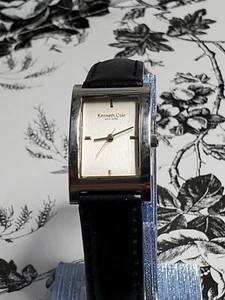 KENNETH COLE Women's Rectangle Watch BLACK LEATHER STRAP Silver Tone Elegant WR - Picture 1 of 8