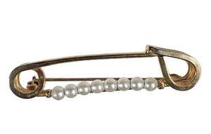 Safety Pin Faux Pearl Gold Tone Brooch Fashion Jewelry - Picture 1 of 4