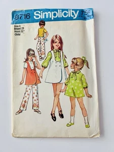 8716 Vintage Simplicity Sewing Pattern Girls Jumper Tunic Dress Pants 1970s - Picture 1 of 3
