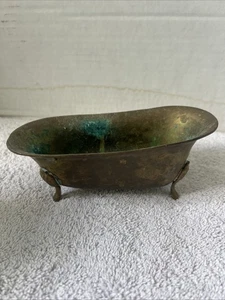 Vintage Miniature Clawfoot Brass Bathtub Trinket Or Soap Dish Beautiful Patina - Picture 1 of 9