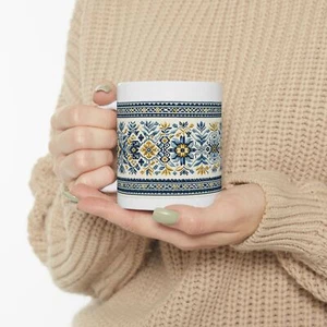 Blue & Yellow Minimalist Ukrainian Embroidery Pattern Ceramic Mug - Picture 1 of 10