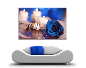 GROSSE SCHÖNE BLUMEN LEINWAND BLAUE ROSEN ZEN BLUMEN WEISSE KERZEN NEU DRUCK - Bild 1 von 2