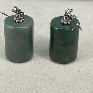 925 sterling silver earrings green agate gemstone cylinder dandle drop hooks - Picture 1 of 10