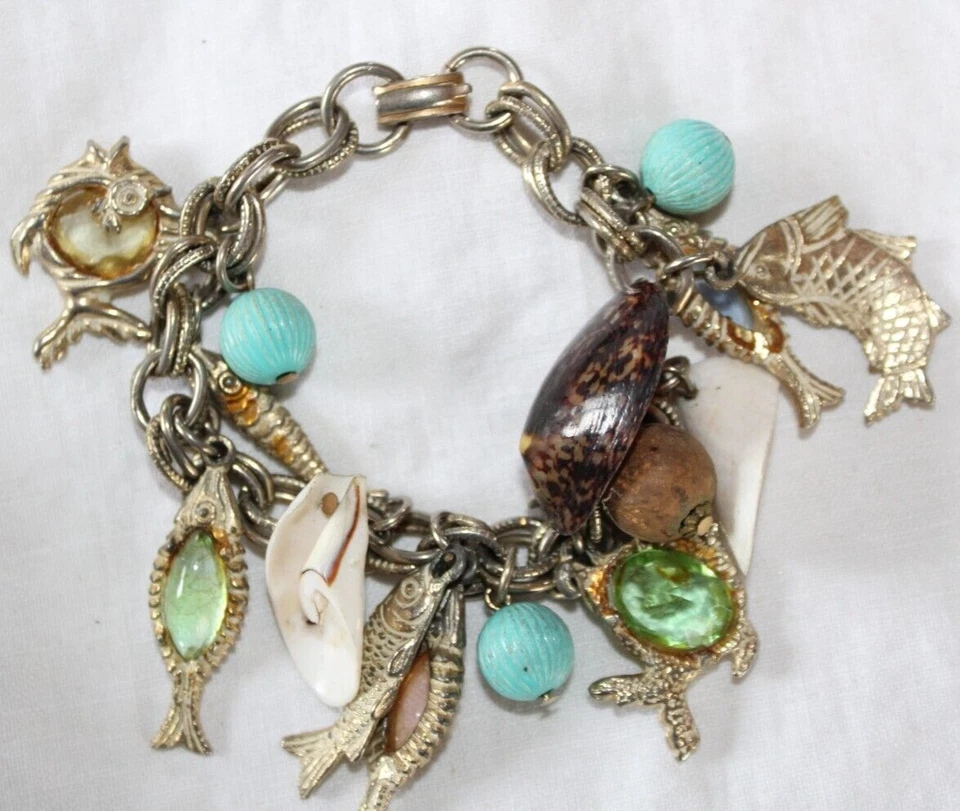 15 Charm Bracelet Fish, Shells, Crystals inside Fish, Sea Adventures 7 Inches  - Image 1 of 4
