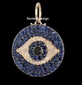 Hermoso Colgante Disco Mal de Ojo Zafiro Azul Diamante Espinela Negra Plata Dije - Imagen 1 de 2