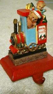 Vintage Stocking Holder Christmas Train w/Teddy Bears 3.5"H Cast Iron & Resin - Picture 1 of 8