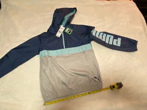 PUMA Kids Hooded Windbreaker Pullover Jacket Blue/Grey/Teal Medium (10-12) - Picture 1 of 7