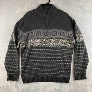 Woolrich Sweater Mens Large Gray Fair Isle Birds Eye Merino Wool Blend 1/4 Zip - Picture 1 of 13