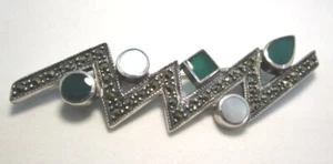 925 Sterling Silver / Mother of Pearl / Chrysoprase Marcasite Pin  9.7 grams - Picture 1 of 3