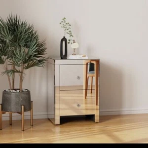 Large Mirrored Bedside Table with 2 Drawers Crystal Handles Bedroom Furniture - Picture 1 of 5