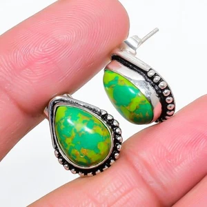 Copper Turquoise Gemstone 925 Sterling Silver Jewelry Stud Earring Size 0.75" - Picture 1 of 1