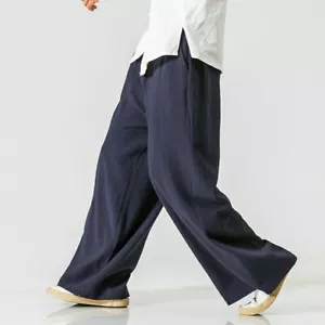 Mens Linen Loose Wide Leg Pocket Long Pants Bootcut Trousers Elastic Waist Black - Picture 1 of 17