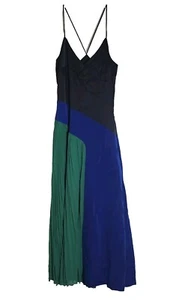 Cushnie Kleid Damen 4 blau grün marineblau plissiert Colorblock Midi Riemen V-Ausschnitt NEU - Bild 1 von 14
