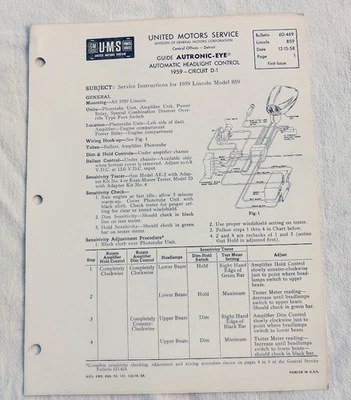 1959 Lincoln Continental Capri Original GM Autronic Eye Service/Repair Info NOS - Image 1 of 3