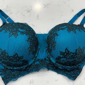 Lane Bryant Cacique Boot Plunge Bra 42DDD Turquoise Black Floral Wired Push-up - Picture 1 of 9