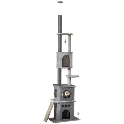 PawHut Floor To Ceiling Cat Tree, 255cm Adjustable Height, Grey - Image 1 of 4