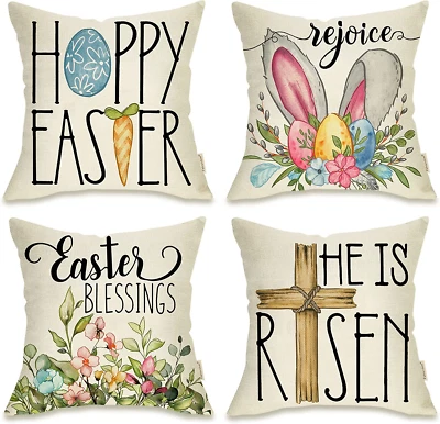 Happy Easter Eggs Bunny Decorative Throw Pillow Cover 18X18 Set of 4, Religious  - Image 1 of 4
