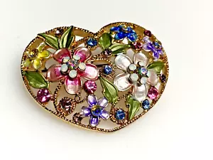 Vintage Brooch Gold Metal Encrusted Gems Multicolour Glass Crystal Heart Design - Picture 1 of 9