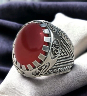 Men shia islamic ring natural carnelian agate Red akik silver yemeni ehlibeyt - Image 1 of 4