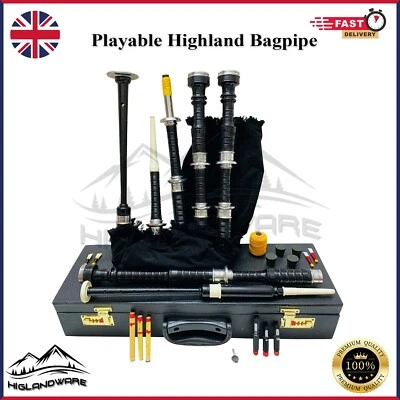 HW Scottish Great Highland Bagpipe Silver Mounts Black Finish With Bag & Tutor Book