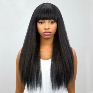 Yaki Straight Human Hair Wig with Bangs Virgin Full Machine Wigs Natural Black - Picture 1 of 6