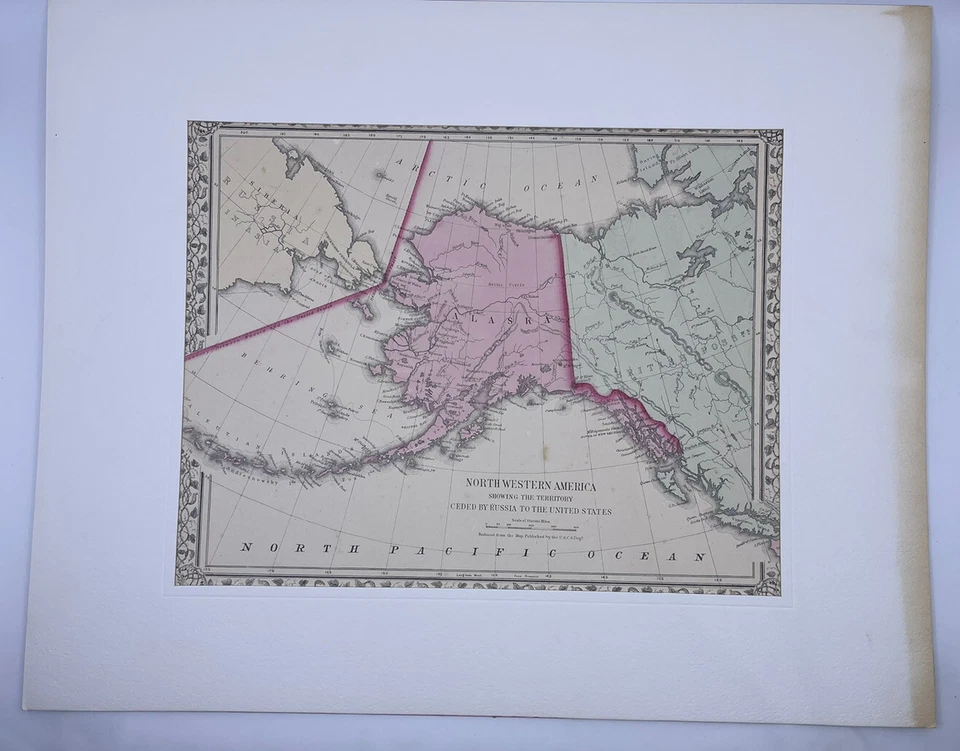 Antique Augustus Mitchell 1867 Original Hand Colored Map Alaska 13 x 15 RARE - Image 1 of 4