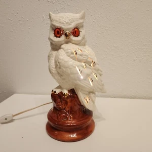 Vintage 1970s White Ceramic Owl Accent Nightlight 12" Lamp Glowing Eyes RARE - Picture 1 of 11