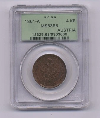 AUSTRIA  1861-A  4 KREUZER COIN CHOICE UNCIRCULATED, PCGS CERTIFIED MS63-RB - Image 1 of 2