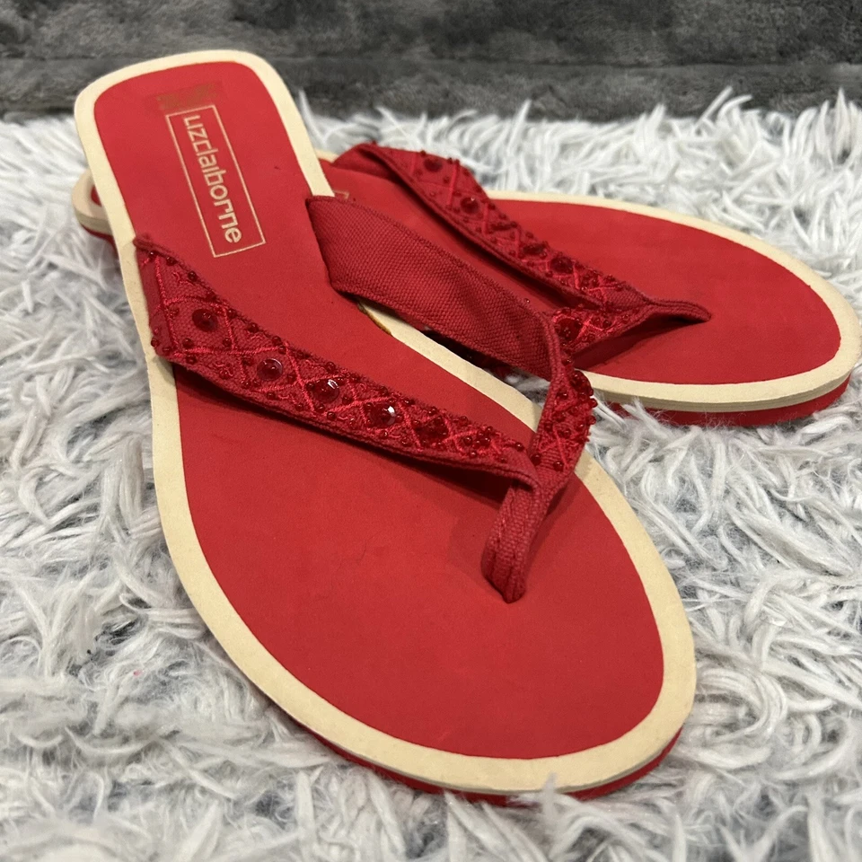 Zapatillas tanga Liz Claiblorne para mujer talla 9 rojas con cuentas ligeras Beach Resort Foto 1 de 4