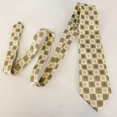 Neck Tie Mens PIERRE CARDIN Olive Green Geometric Jacquard Check Designer Dandy - Image 1 of 4