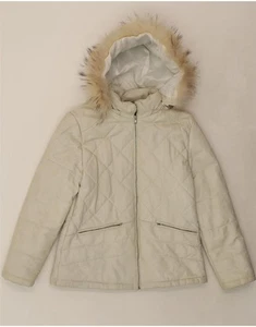 STUDIO 81 Womens Hooded Windbreaker Jacket IT 48 XL Off White Leather AX10 - Picture 1 of 3