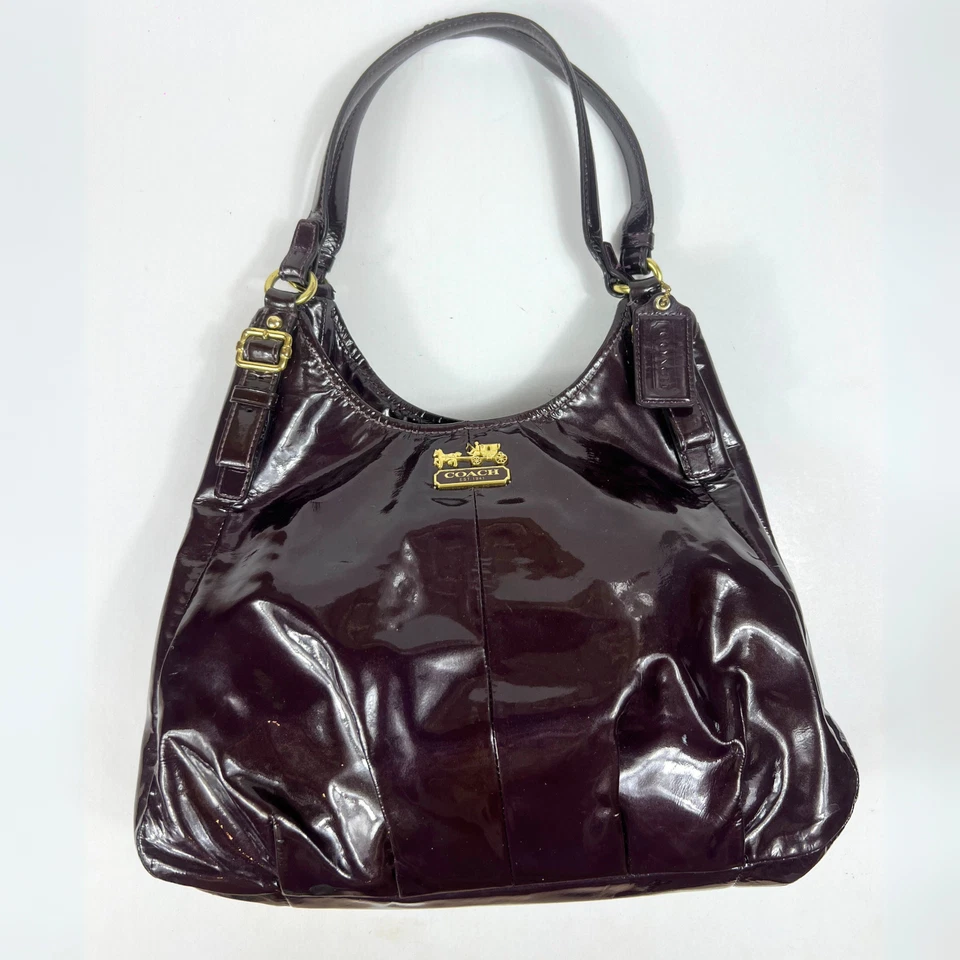 Coach Madison Maggie Plum Patent Leather Shoulder Hobo Bag Brass Hardware - Image 1 of 4