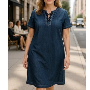 Abito donna Lauren Ralph Lauren denim stringato taglia 14W blu ricamato - Foto 1 di 12