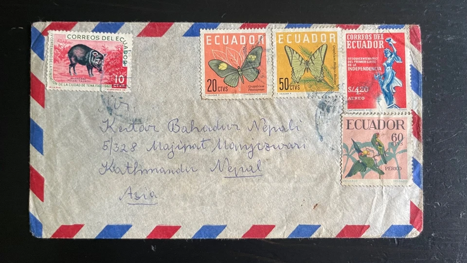 Ecuador 1960 Airmail Cover to Nepal | Multi Franking Butterflies, Parrot - Image 1 of 2