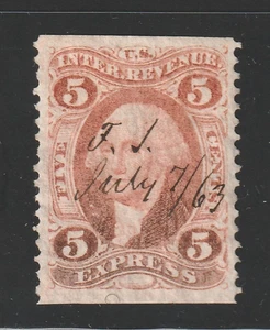 Scott # R25b, Used, XF, 5¢ Express, Part Perforate, Manuscript Cancel 7/7/1863 - Picture 1 of 2