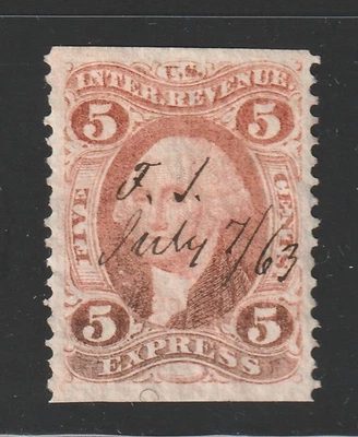 Scott # R25b, Used, XF, 5¢ Express, Part Perforate, Manuscript Cancel 7/7/1863 - Image 1 of 2