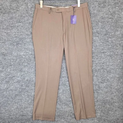 Alan Flusser Pants Mens 38W 32L Taupe Classic Fit Stretch Herringbone Flat Front - Image 1 of 4