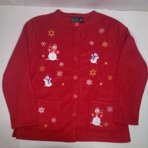 Maglione natalizio vintage Bobbie Brooks taglia grande 14-16 pupazzi di neve bottoni davanti pile - Foto 1 di 8