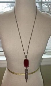 Kendra Scott Rayne Stone Tassel Pendant Necklace Deep Pink Stone/Silver Chain - Picture 1 of 8