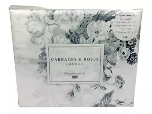 Cabbages & Roses QUEEN Blue White Sheet Set Luxury Cotton Percale Constance - Picture 1 of 13