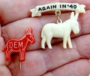 1940 Vintage PRO ROOSEVELT / AGAIN IN '40 & Donkey PINBACK LAPEL BADGE Button - Picture 1 of 2