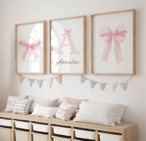 Set of 3 Girls Prints, Bow Posters, Name Print Beige Girls Bedroom Nursery A4 A3 - Picture 1 of 12