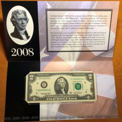 2008 $2 Uncirculated Single Federal Reserve Note "Atlanta" Serial begin 2008 - Image 1 of 4