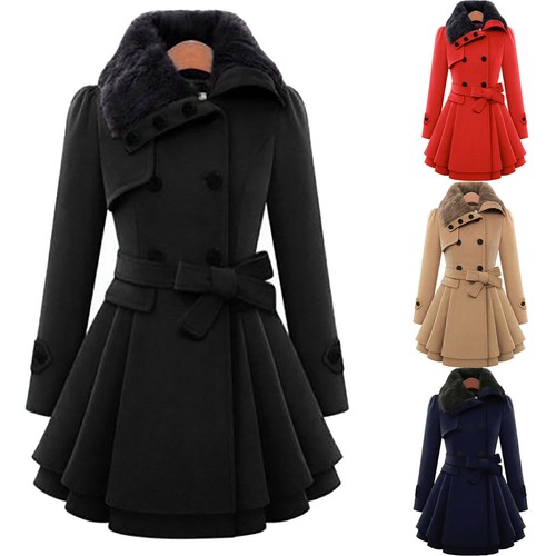 Women Double Breasted Winter Military Coat Faux Fur Collar Parka Jacket