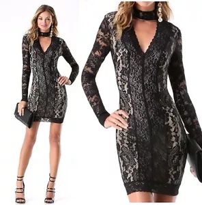 NUEVO CON ETIQUETAS BEBE negro desnudo encaje simulado cuello manga larga ceñido al cuerpo vestido top XXS X XS club - Imagen 1 de 5