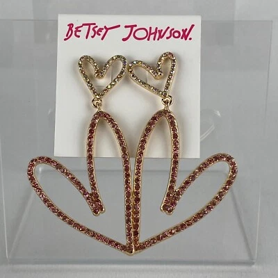 Betsey Johnson Earrings Pierced Dangle Drop XOXO Pave Double Hearts Pink Crystal - Image 1 of 3