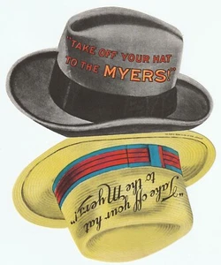 RARE Advertising Folding Trade Card "Take off YOUR HAT TO MYERS PUMPS Ashland OH - Picture 1 of 4