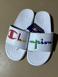 Brand New Original Women's 11 Man 9 Champion Super Slide Sandals - White/Rainbow - Picture 1 of 3